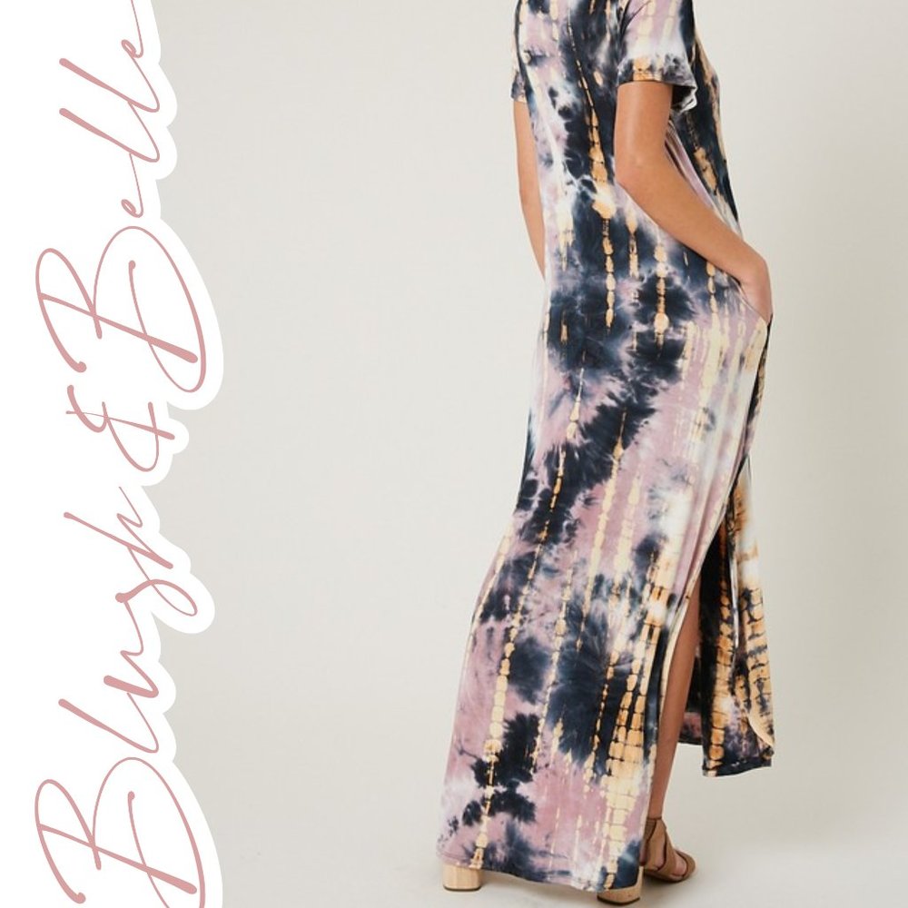 INDIE Black, Mauve & Cream Tie Dye Maxi Dress w/ Pockets - Picture 2 of 8